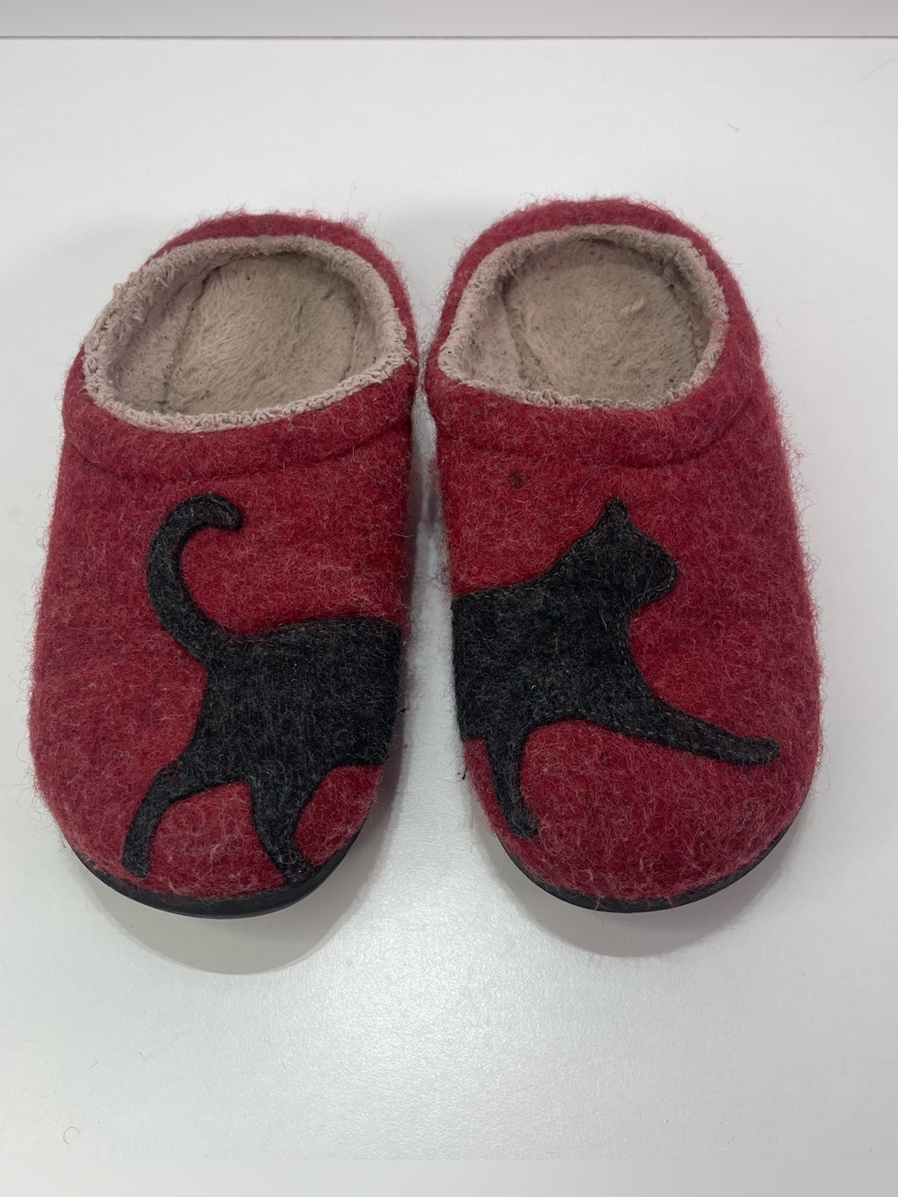 L.L. Bean Cat Print Slippers Women's 7 M Red Wool Fleece Slides